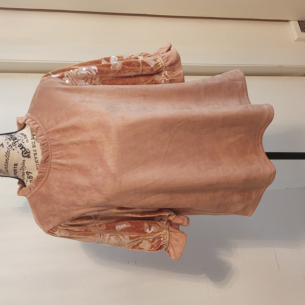 Beautiful NWOT tags Tan Voy Faux Suede Top with Sequin Sleeves Size M